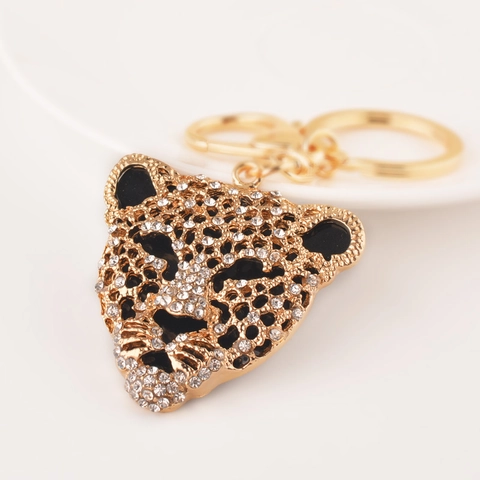 Luxury Zinc Alloy Leopard Head Rhinestone Keychain Creative Enamel Animal Pendant Sparkly Key Ring For Bag Decoration Women Men Gift