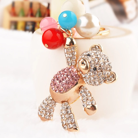 Portachiavi Orso in Strass Ciondolo Borsa Animale Cristallo Carino Perline Colorate Anello Chiave Donna Gioielli Regalo