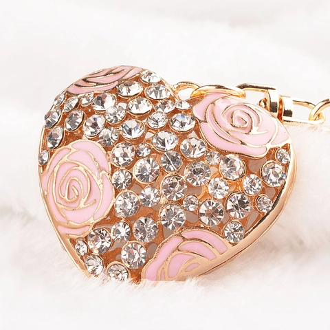 Hartvormige Roos Sleutelhanger Vergulde Zinklegering Emaille Bloem Strass Sleutelhanger Hanger Voor Vrouwen Romantisch Cadeau