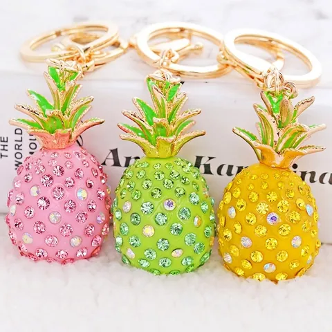 Cute Resin Pineapple Keychain Rhinestone Zinc Alloy Bag Pendant Women Fashion Accessories Gift Sweet Car Ornament Keyring