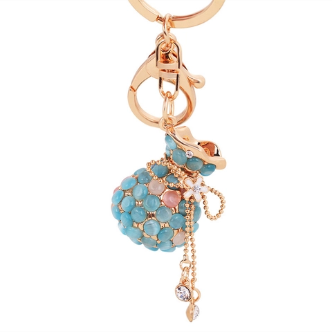 Vintage Lucky Bag Keychain With Cat Eye Stone Rhinestone Tassel Flower Charm Zinc Alloy Money Bag Bag Hanging Decor