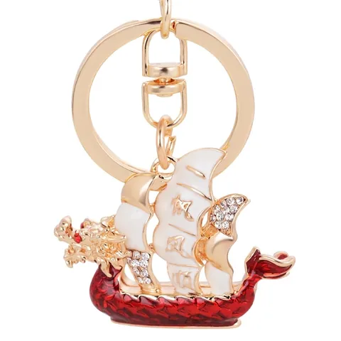 Traditional Chinese Style Dragon Boat Sailboat Keychain Zinc Alloy Enamel Rhinestone Inlaid Bag Pendant Charm Gift Men Women