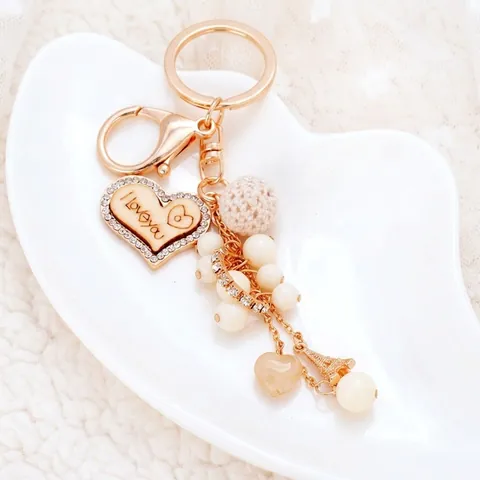 Korean Style Gold Heart Keychain With I Love You Wood Pendant Rhinestone Artificial Pearl Knit Ball Bag Charm For Women