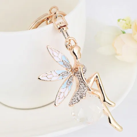 Prachtige Fee Engel Sleutelhanger Met Strass Kristallen Bol Goud Zinklegering Emaille Vleugel Tas Charm Auto Hanger Vrouwen