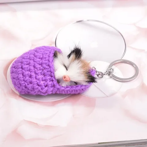 Kreativer Simulierter Schlafender Katze Plüsch Schlüsselanhänger Handgestrickter Schlafsack Pelzige Kätzchen Tasche Anhänger