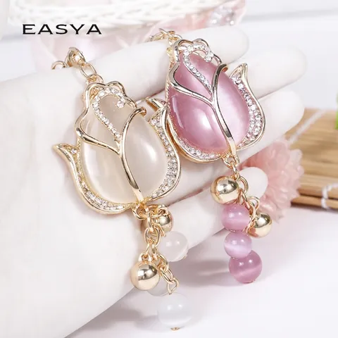 Elegante Llavero de Tulipán en Piedra Ojo de Gato Aleación Diamante de Imitación Flor Colgante de Bolso Joyería Mujer
