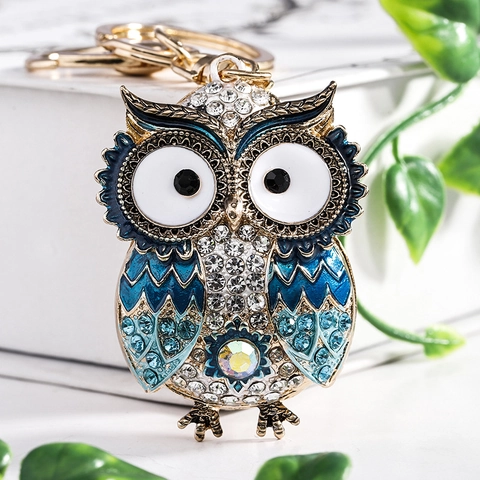 Portachiavi Creativo a Forma di Gufo Serie Animale in Lega di Zinco Con Strass Intarsiati Smalto Decorazione Pendente per Donna