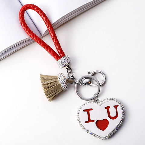 Llavero de Borla de Aleación con Diamantes de Imitación Cuero PU Cuerda Trenzada Corazón Flor Limón Colgante de Bolso para Mujer Regalo Joyería