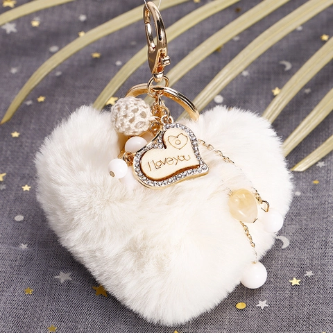 Fashion Heart Plush Keychain Faux Fur Heart Bag Charm With I Love You Wood Tag Pearl Bead For Women Bag Decoration