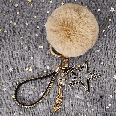 Stern Kunstfell Ball Schlüsselanhänger Mit PU Leder Strass Gurt Metall Quaste Stern Anhänger Tasche Auto Schlüsselanhänger Für Damen Geschenk