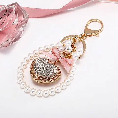 Elegant Alloy Heart Keychain For Women With Rhinestones And Artificial Pearls Pink Satin Bow Bag Charm Jewelry Gift
