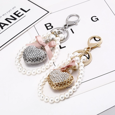Elegant Alloy Heart Keychain For Women With Rhinestones And Artificial Pearls Pink Satin Bow Bag Charm Jewelry Gift