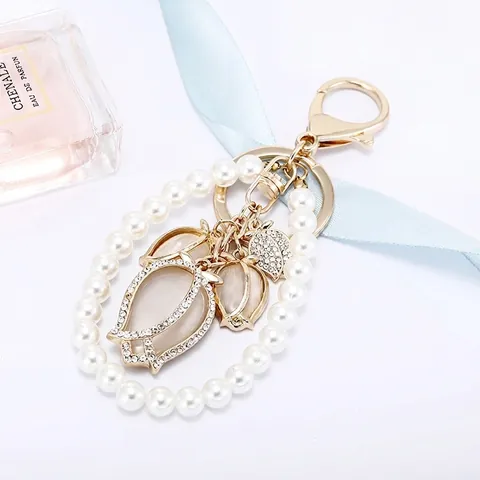 Eleganter Tulpe Katzenaugen Blume Schlüsselanhänger Mit Künstlichen Perlen Strass Zinklegierung Anhänger Für Damen Taschen Geschenk