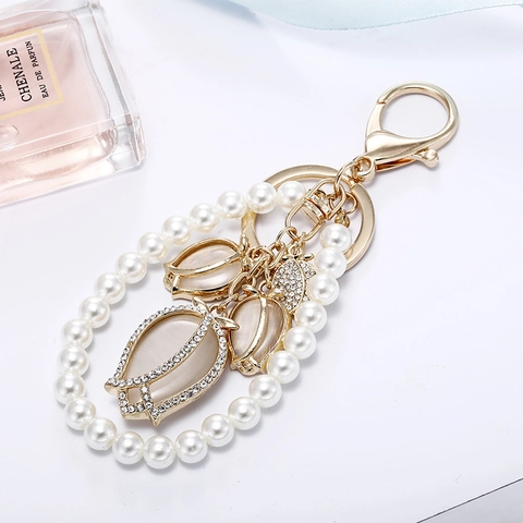 Eleganter Tulpe Katzenaugen Blume Schlüsselanhänger Mit Künstlichen Perlen Strass Zinklegierung Anhänger Für Damen Taschen Geschenk