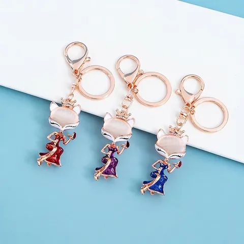 Chinese Style Creative Fox Enamel Keychain For Women Zinc Alloy Rhinestone Bag Pendant Vintage Cartoon Animal Key Ring