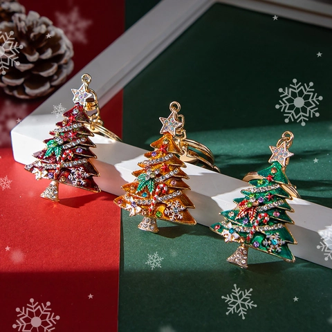 Portachiavi Albero di Natale in Smalto e Strass per Donna Ciondolo in Lega di Zinco Con Stella Fiocco di Neve Bastoncino di Zucchero