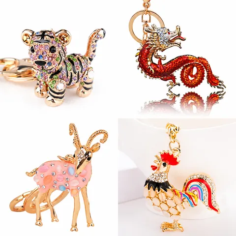 Llavero de Animal con Diamantes de Imitación de la Serie del Zodiaco para Mujer Aleación de Zinc Esmalte Tigre Dragón Cerdo Gallo Serpiente Adorno de Bolso Regalo
