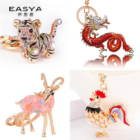 Portachiavi con Animali in Strass della Serie Zodiaco per Donna Lega di Zinco Smalto Tigre Drago Maiale Gallo Serpente Pendente per Borsa Regalo