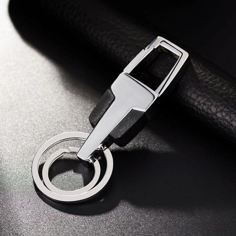 Zakelijke Zinklegering Leer Auto Sleutelhanger Voor Heren Laser Graveere Sleutelring Vaderdag Cadeau Gepolijst Zilver Zwart Sleutelhouder