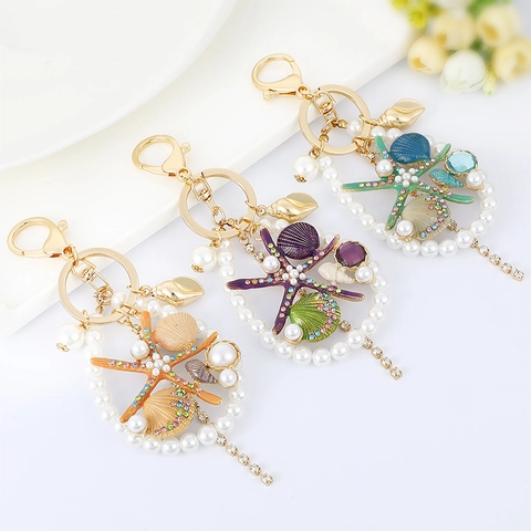 Llavero de Moda Estrella de Mar Concha Marina Con Perla Artificial Aleación de Zinc Colgante de Bolso para Mujer Regalo Vacaciones Verano