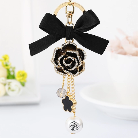Vintage Kamelien Blume Schlüsselanhänger Satin Schleife Zinklegierung Strass Künstliche Perle Tasche Charme Damen Geschenk