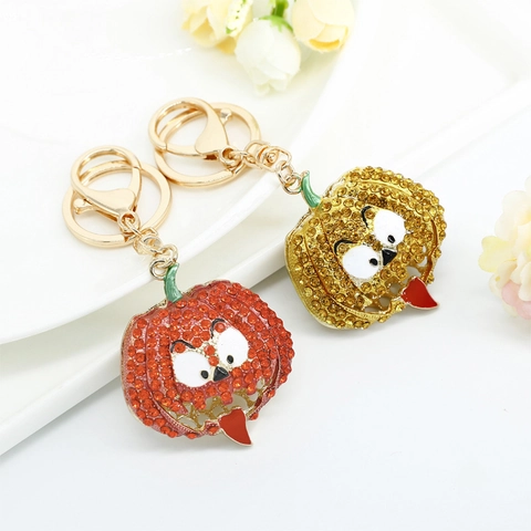 Halloween Pumpkin Rhinestone Keychain Funny Smile Face Bag Charm Gold Plated Alloy Metal Key Ring Sparkly Festive Accessory