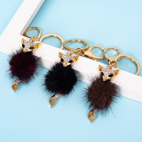 Mode Fuchs Schlüsselanhänger Legierung Strass Eingelegt Plüschball Taschenanhänger Für Damen Süßer Tieranhänger Schmuck Geschenk