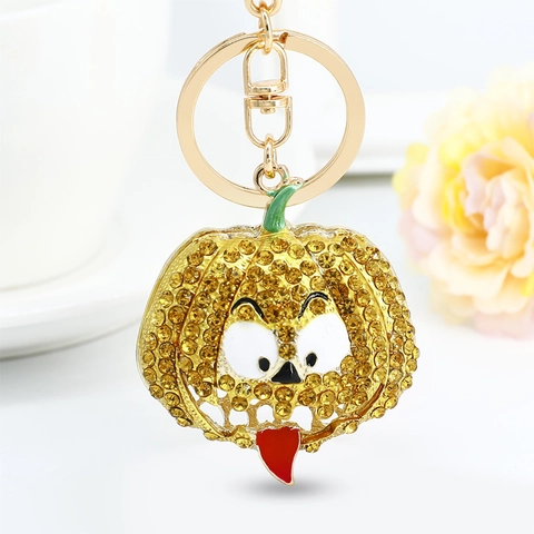 Halloween Pumpkin Rhinestone Keychain Funny Smile Face Bag Charm Gold Plated Alloy Metal Key Ring Sparkly Festive Accessory