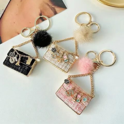 Mini Tasche Schlüsselanhänger Tweed Stoff Bommel Rose Blume Charme Eiffelturm Elegant Tasche Dekor Damen Mode Accessoire