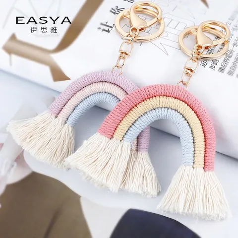 Llavero de Arcoíris Tejido a Mano Bohemio con Borla Macramé Colgante de Bolsa de Hilo de Algodón Regalo para Mujer