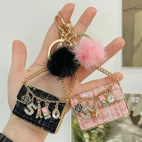 Mini Tasche Schlüsselanhänger Tweed Stoff Bommel Rose Blume Charme Eiffelturm Elegant Tasche Dekor Damen Mode Accessoire