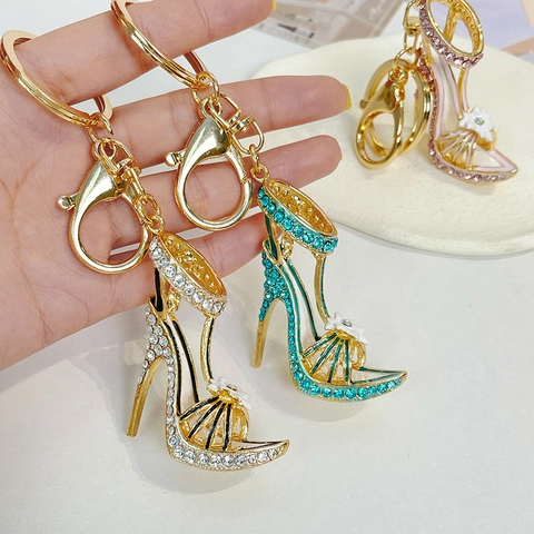 Mode Strass Stöckelschuh Schlüsselanhänger Mit Blume Legierung Vergoldet Tasche Charme Für Damen Geschenk Zubehör