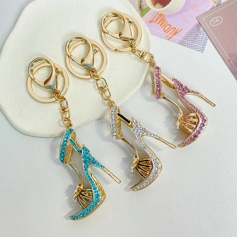 Mode Strass Stöckelschuh Schlüsselanhänger Mit Blume Legierung Vergoldet Tasche Charme Für Damen Geschenk Zubehör