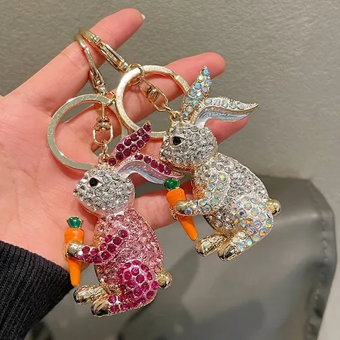 Creative Cute Rhinestone Rabbit Keychain With Carrot Charm Alloy Crystal Bunny Bag Pendant For Women Girls Gift