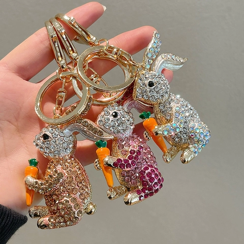 Creative Cute Rhinestone Rabbit Keychain With Carrot Charm Alloy Crystal Bunny Bag Pendant For Women Girls Gift