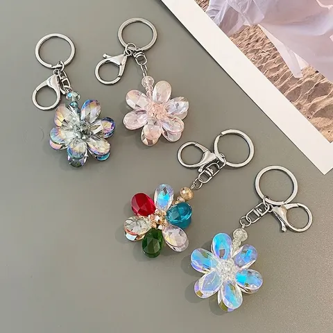 Crystal Flower Keychain For Women Artificial Cut Crystal Five Petal Floral Bag Charm With Alloy Lobster Clasp Key Ring