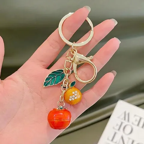 Portachiavi a Tema Frutta in Lega di Zinco Oro Pendenti Cachi Arancia Foglia Con Strass per Accessori Borsa Donna