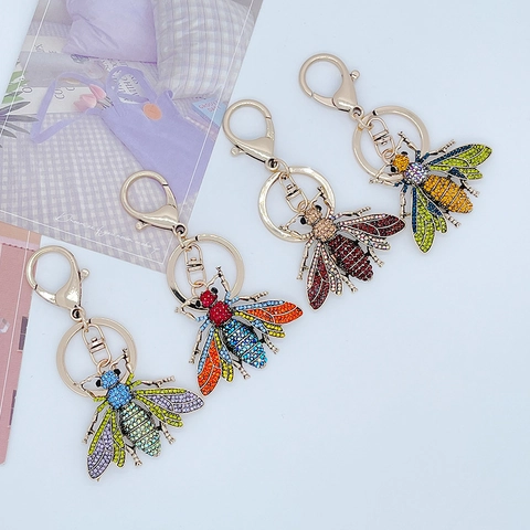 Porte-clés Abeille en Alliage et Strass pour Femmes Charme de Sac Insecte Coloré Pendentif Abeille en Cristal Doré Cadeau Bijoux
