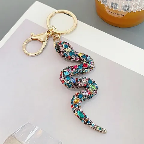 Porte-clés Serpent Vintage avec Strass Colorés Forme en S Alliage Cristal Charme de Sac avec Fermoir Mousqueton Zodiaque en Métal