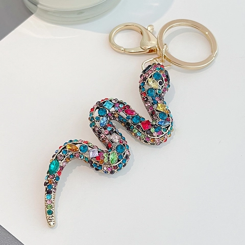 Porte-clés Serpent Vintage avec Strass Colorés Forme en S Alliage Cristal Charme de Sac avec Fermoir Mousqueton Zodiaque en Métal
