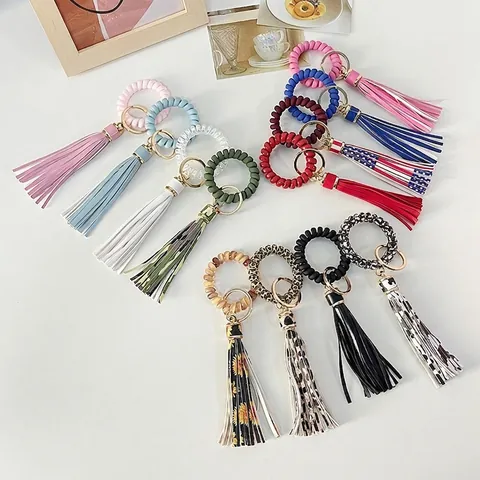 Llavero de Flecos de Cuero PU con Estampado de Leopardo y Girasol para Mujer Correa de Muñeca de Espiral Colgante Regalo