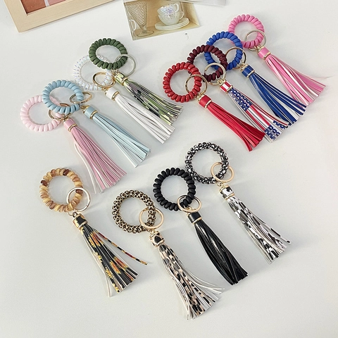 Llavero de Flecos de Cuero PU con Estampado de Leopardo y Girasol para Mujer Correa de Muñeca de Espiral Colgante Regalo