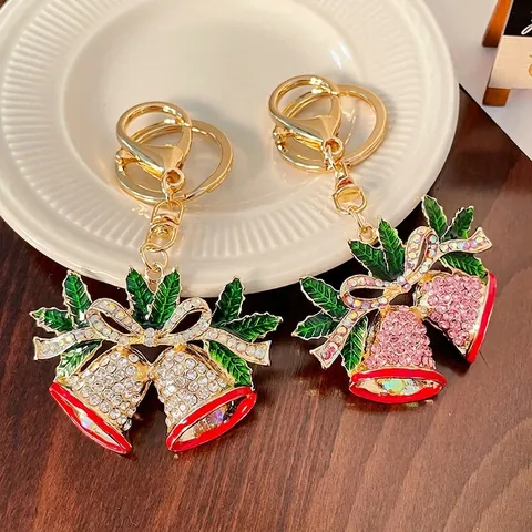 Portachiavi a Forma di Campana di Natale per Donna in Lega di Zinco Con Strass Smaltati Doppie Campane Ciondolo per Borsa Placcato Oro Regalo di Natale