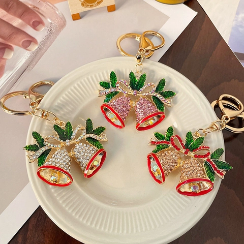 Portachiavi a Forma di Campana di Natale per Donna in Lega di Zinco Con Strass Smaltati Doppie Campane Ciondolo per Borsa Placcato Oro Regalo di Natale