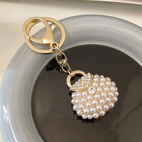 Luxe Legering Handtasvorm Sleutelhanger Met Kunstparels En Strass Decoratie Elegante Gouden Metalen Sleutelring Cadeau Voor Vrouwen