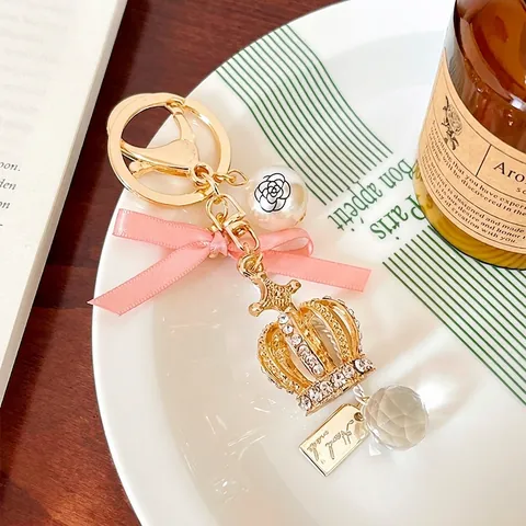Luxury Rhinestone Crown Keychain With Pink Satin Bow And Camellia Artificial Pearl Gold Alloy Bag Pendant For Women Jewelry Gift