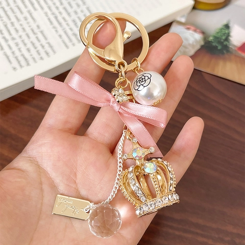 Luxury Rhinestone Crown Keychain With Pink Satin Bow And Camellia Artificial Pearl Gold Alloy Bag Pendant For Women Jewelry Gift