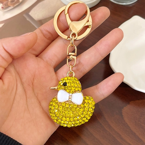 Kreativer Cartoon Tier Gelbe Ente Strass Schlüsselanhänger Süße Schleife Zinklegierung Tasche Anhänger Für Damen Geschenk Schmuck