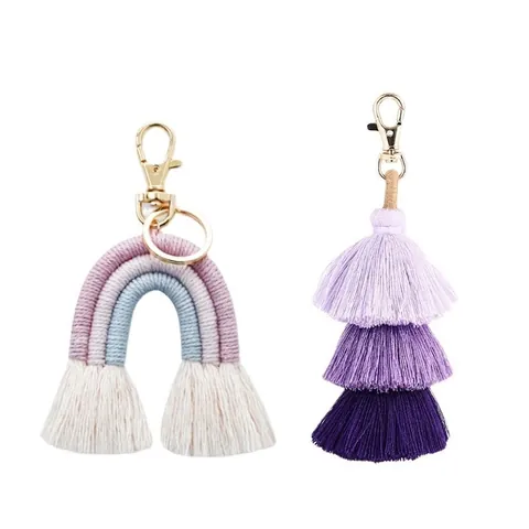 Portachiavi con Nappina Arcobaleno Tessuto a Mano Bohemian Macramé Ciondolo Borsa Corda di Cotone Lega di Zinco Donna