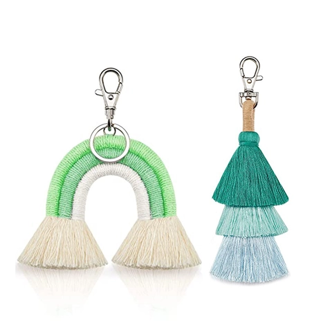 Portachiavi con Nappina Arcobaleno Tessuto a Mano Bohemian Macramé Ciondolo Borsa Corda di Cotone Lega di Zinco Donna